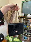 Vintage Black Croc-Embossed Leather Shoulder Bag with Gold Chain