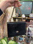 Vintage Black Croc-Embossed Leather Shoulder Bag with Gold Chain