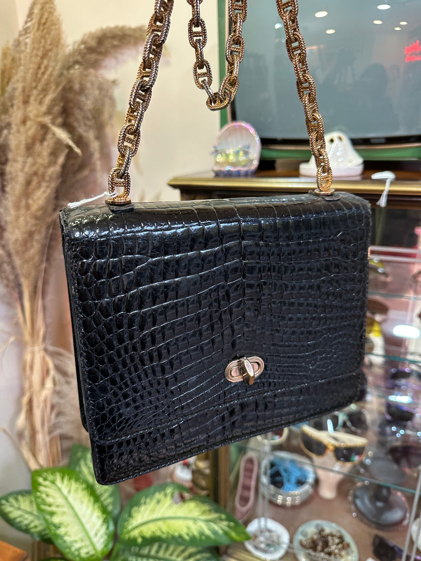 Vintage Black Croc-Embossed Leather Shoulder Bag with Gold Chain