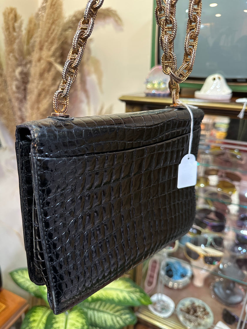 Vintage Black Croc-Embossed Leather Shoulder Bag with Gold Chain