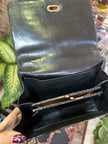 Vintage Black Croc-Embossed Leather Shoulder Bag with Gold Chain