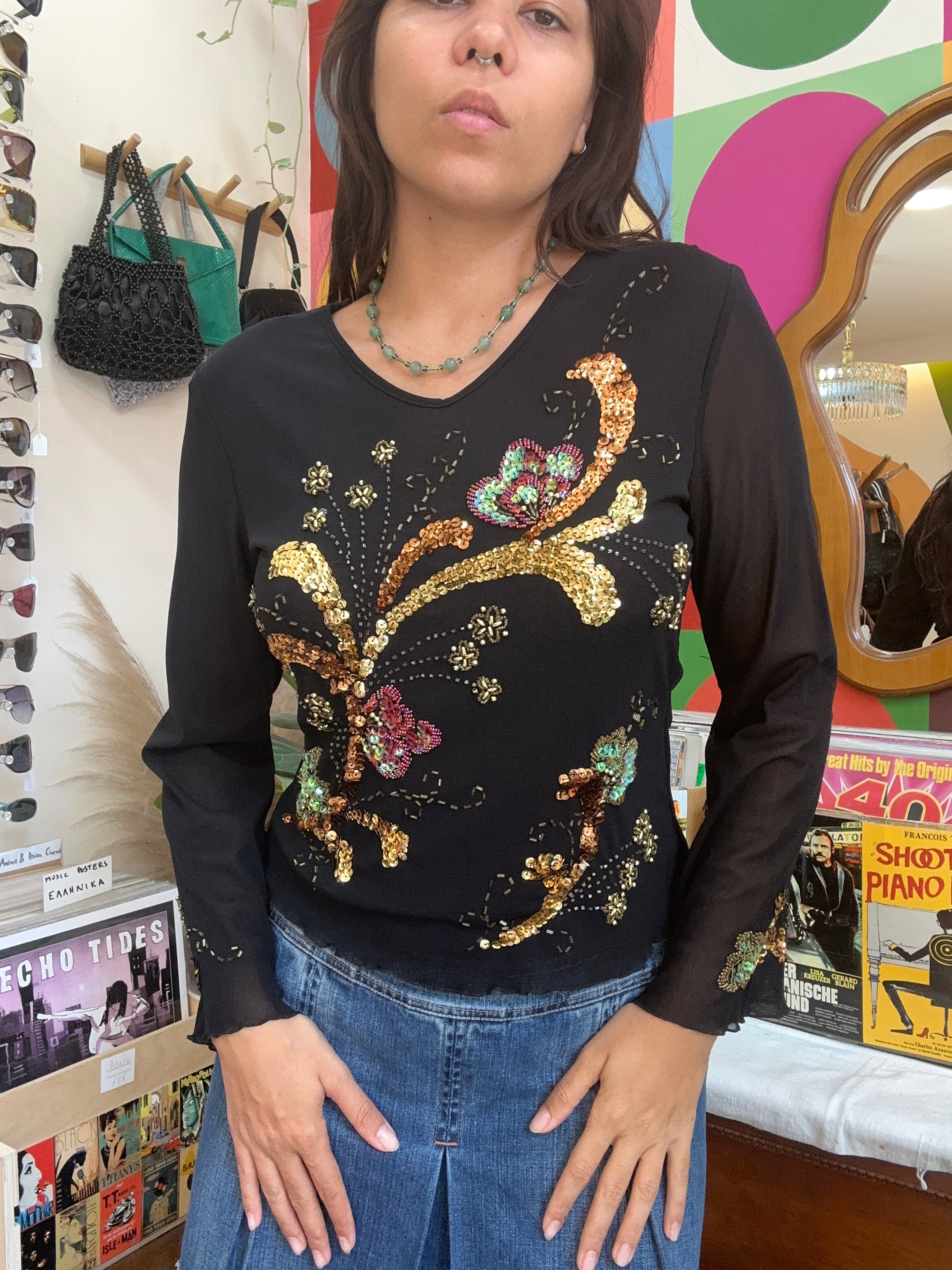 New Sensation vintage mesh sequin long sleeve top (M/L)
