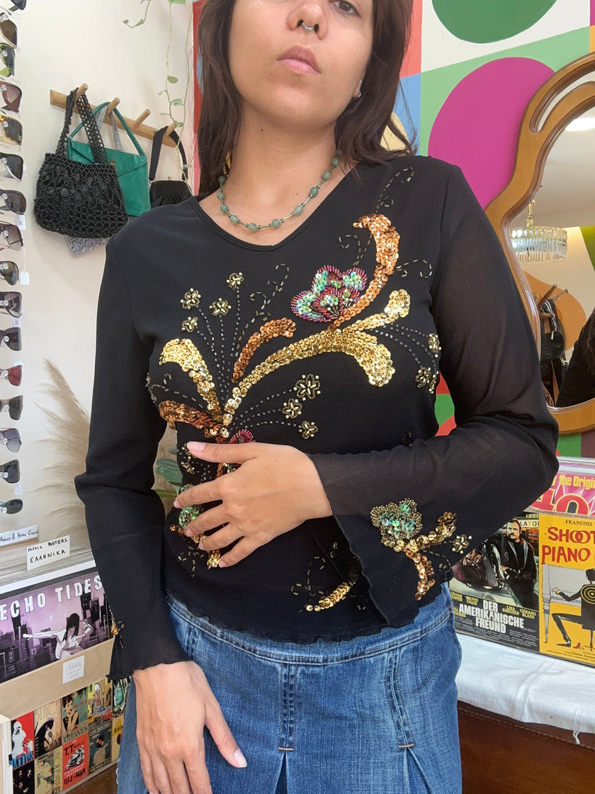 New Sensation vintage mesh sequin long sleeve top (M/L)