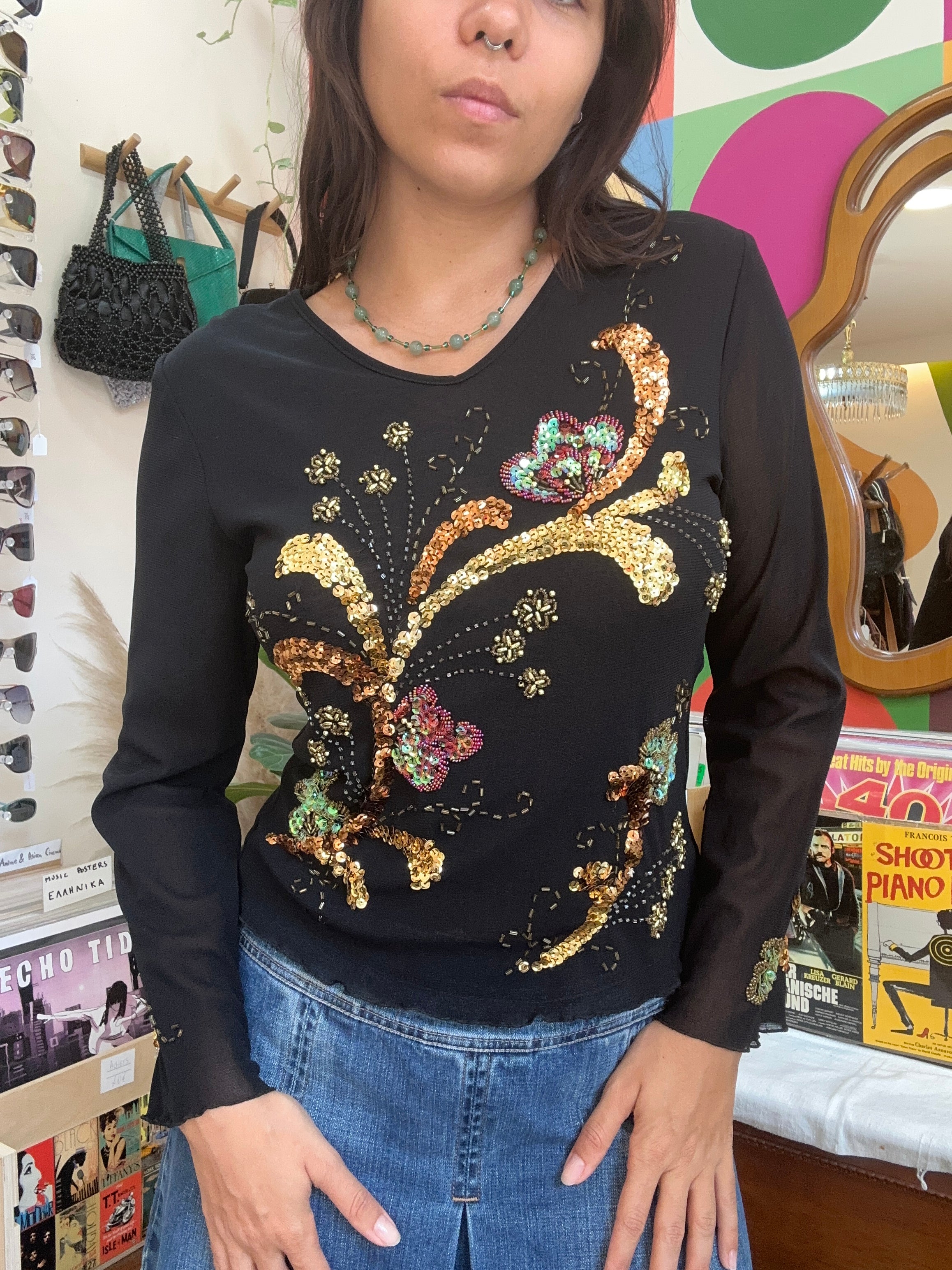New Sensation vintage mesh sequin long sleeve top (M/L)
