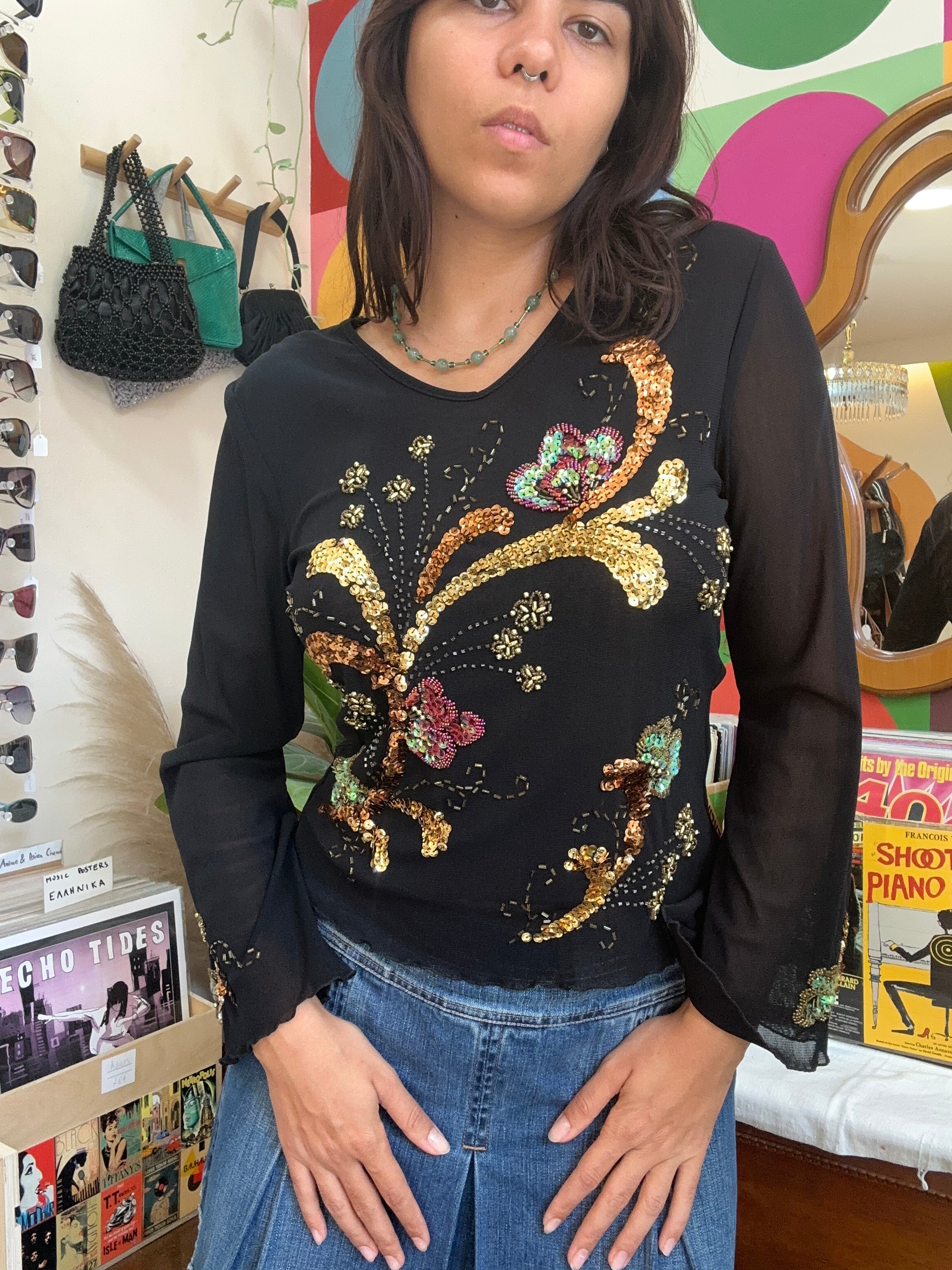 New Sensation vintage mesh sequin long sleeve top (M/L)