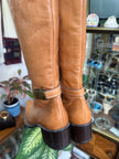Vintage Tan Leather Knee-High Boots with Low Block Heel (37)