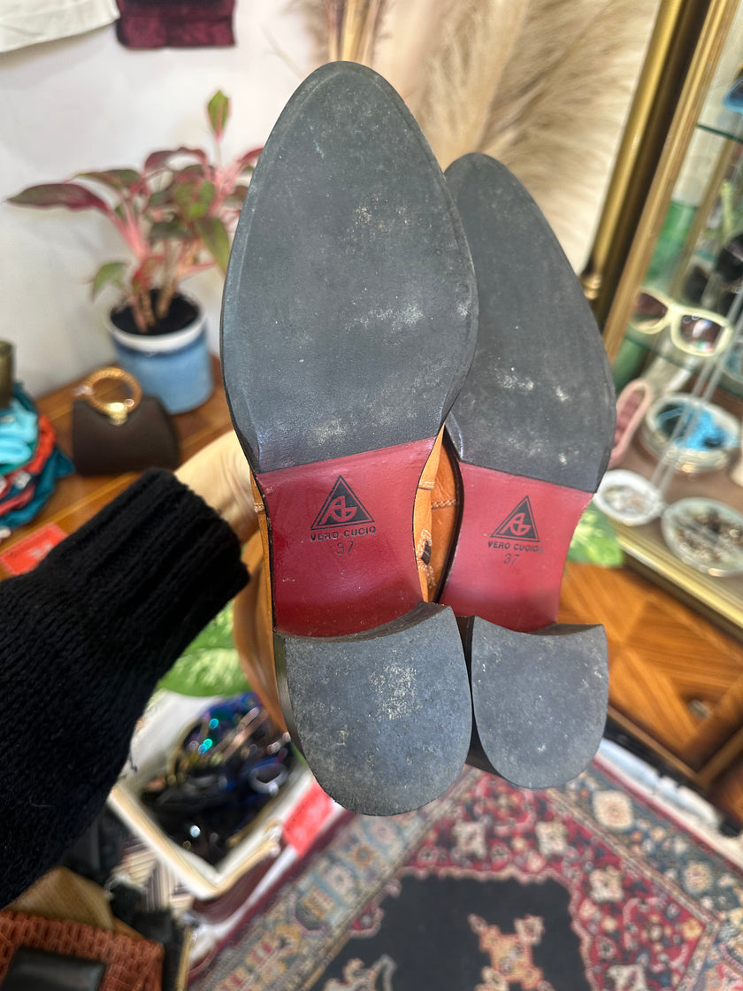 Vintage Tan Leather Knee-High Boots with Low Block Heel (37)