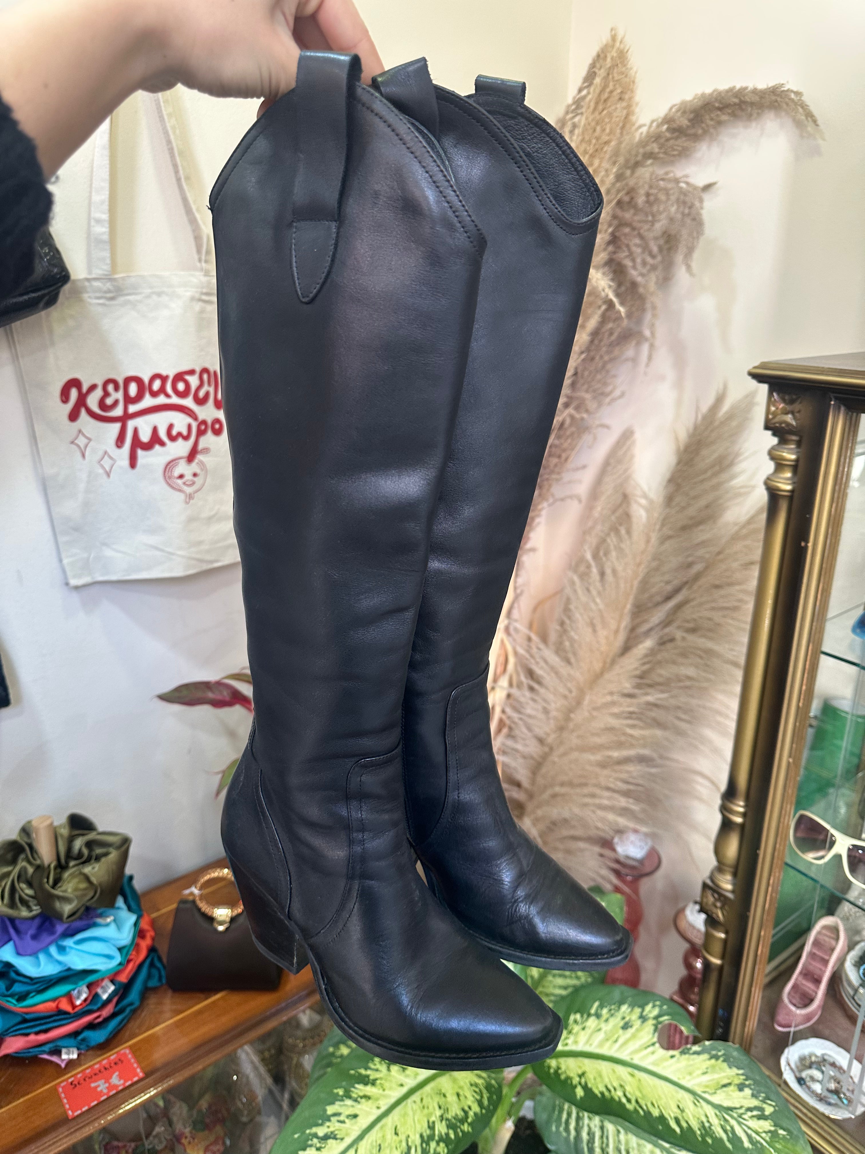 Black Leather Knee-High Boots with Block Heel (Made in Italy) (36)