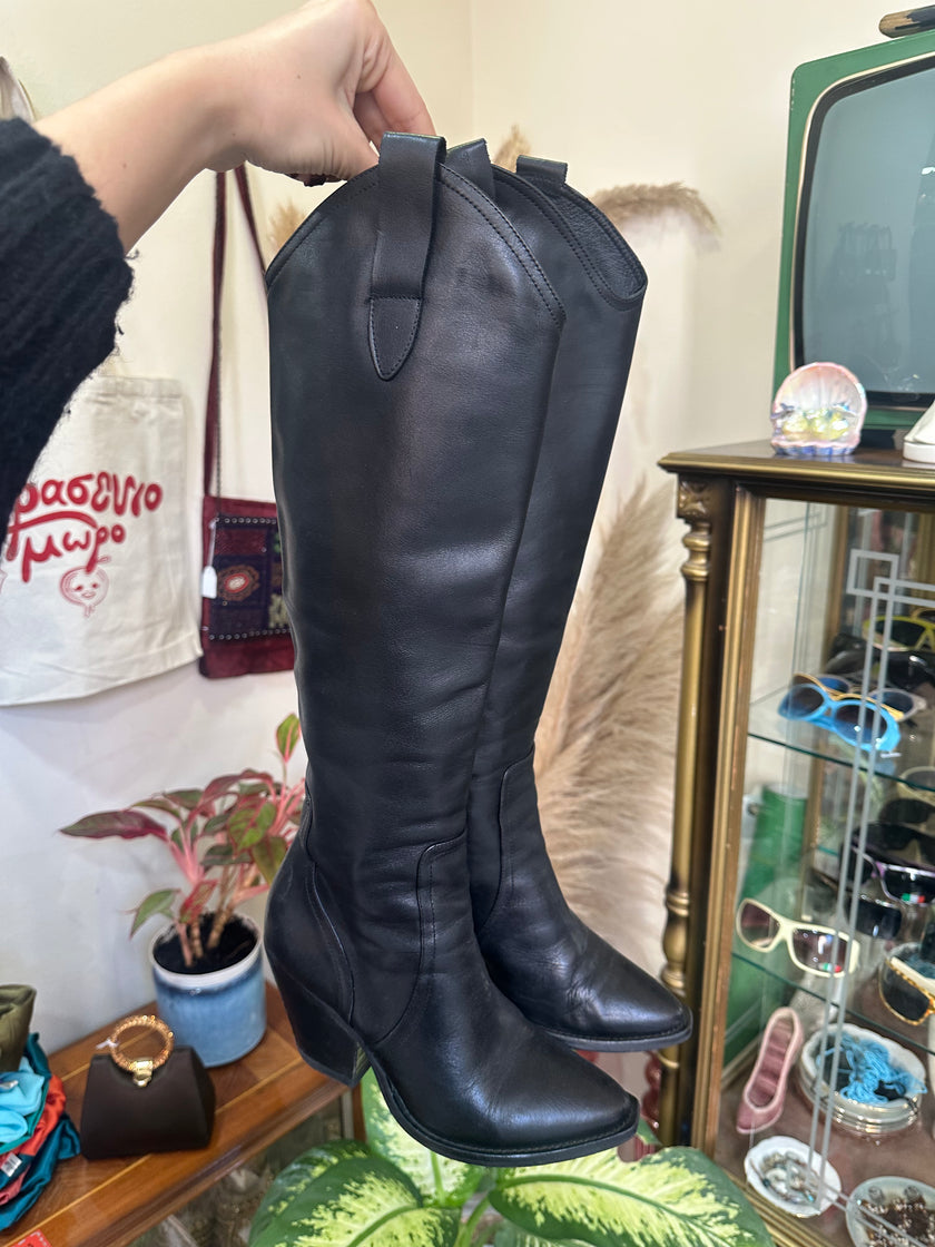 Black Leather Knee-High Boots with Block Heel (Made in Italy) (36)