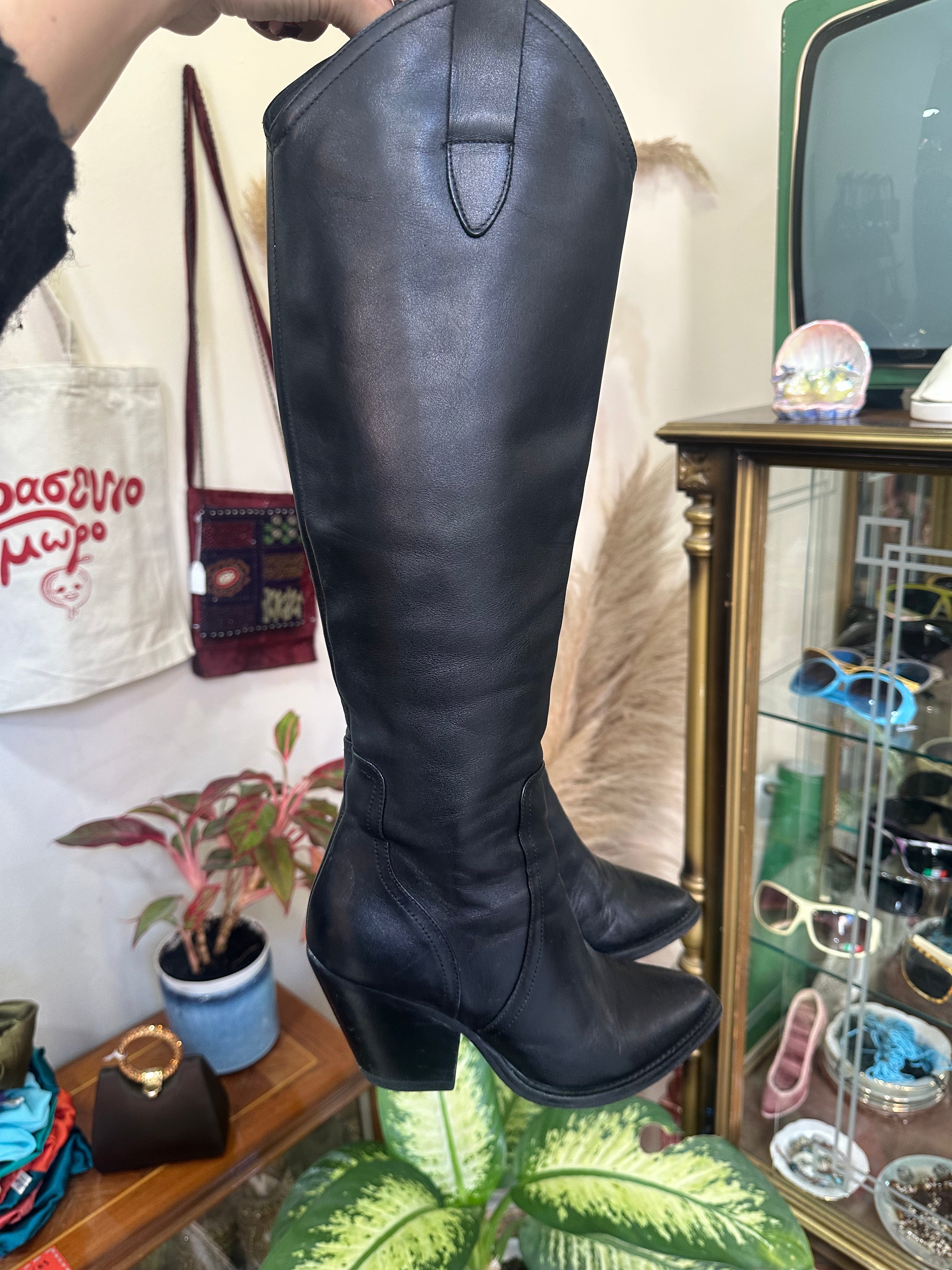 Black Leather Knee-High Boots with Block Heel (Made in Italy) (36)