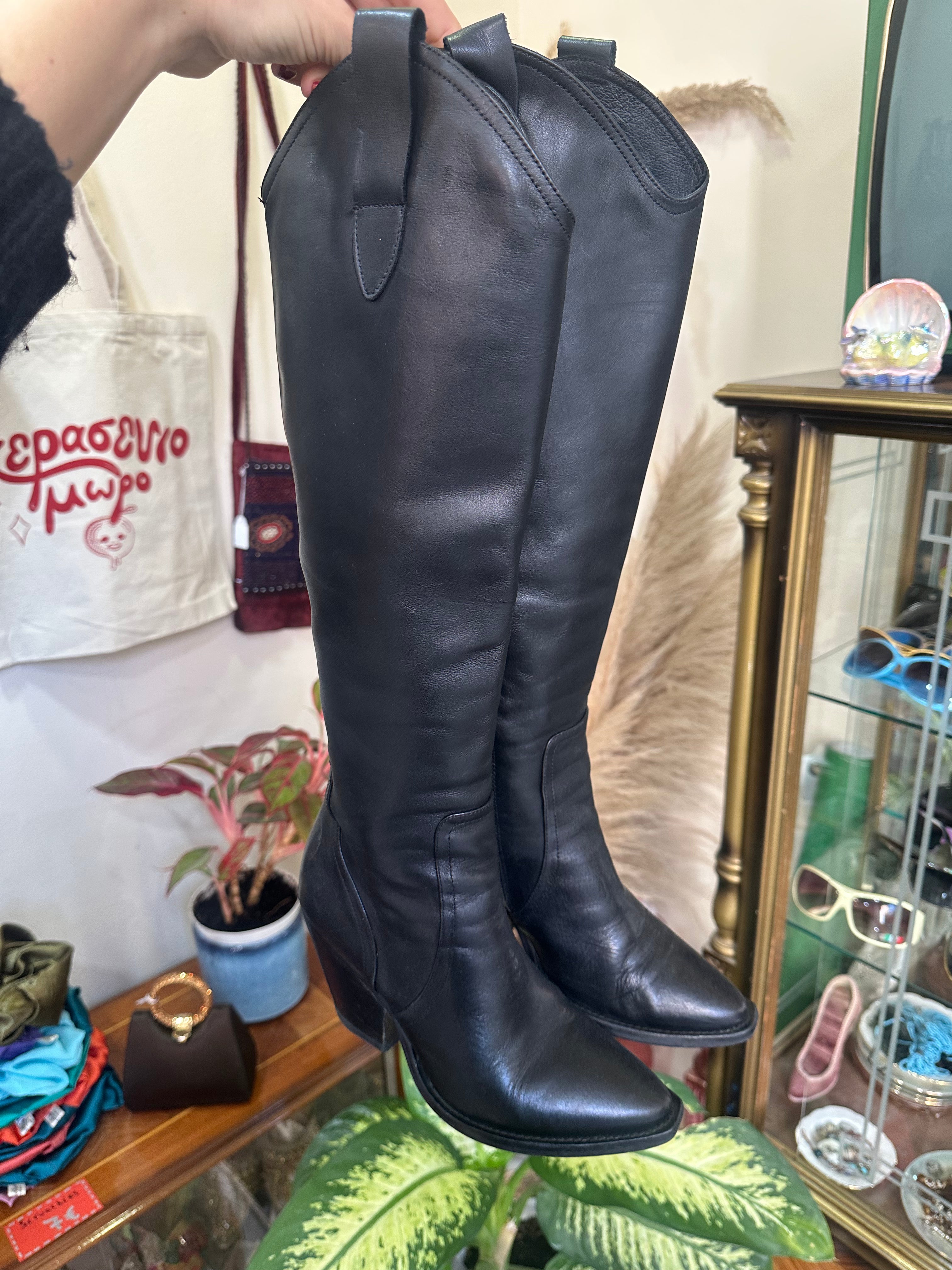 Black Leather Knee-High Boots with Block Heel (Made in Italy) (36)