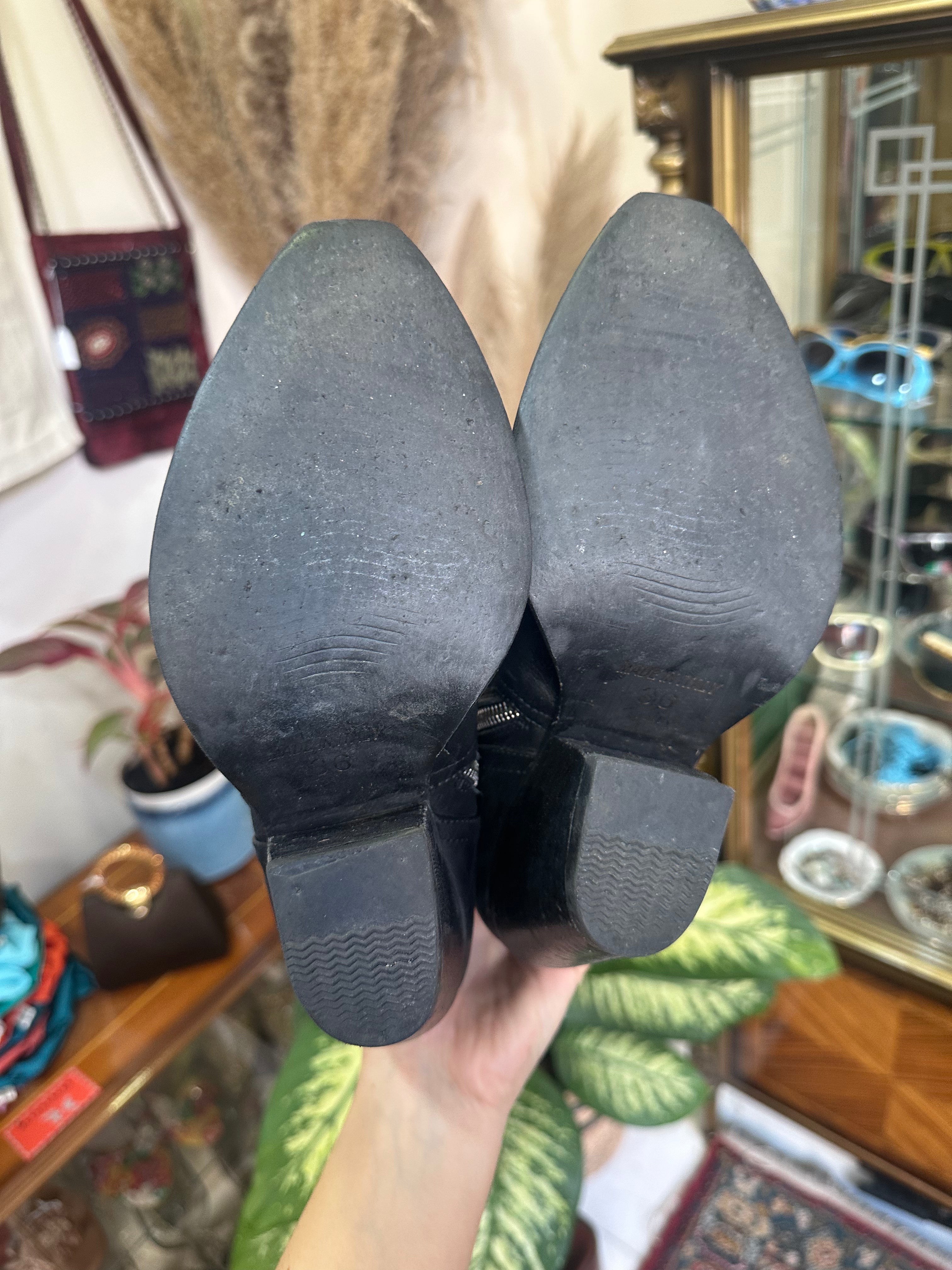 Black Leather Knee-High Boots with Block Heel (Made in Italy) (36)