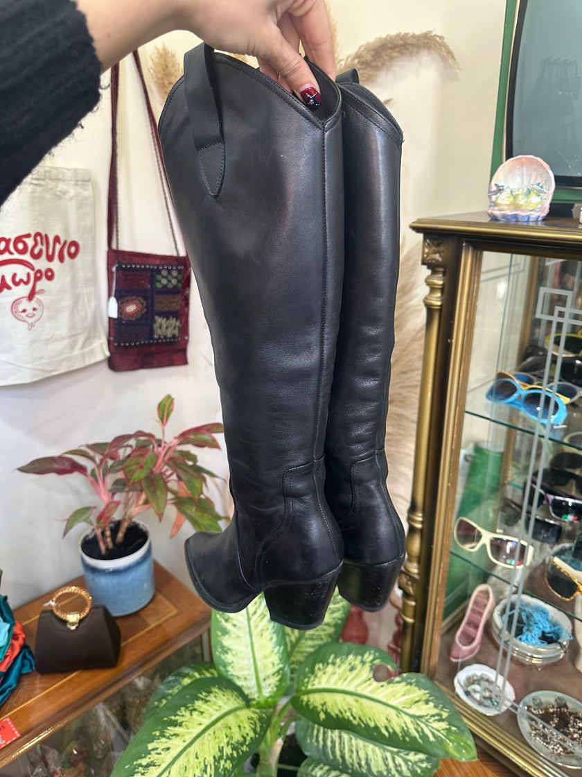 Black Leather Knee-High Boots with Block Heel (Made in Italy) (36)