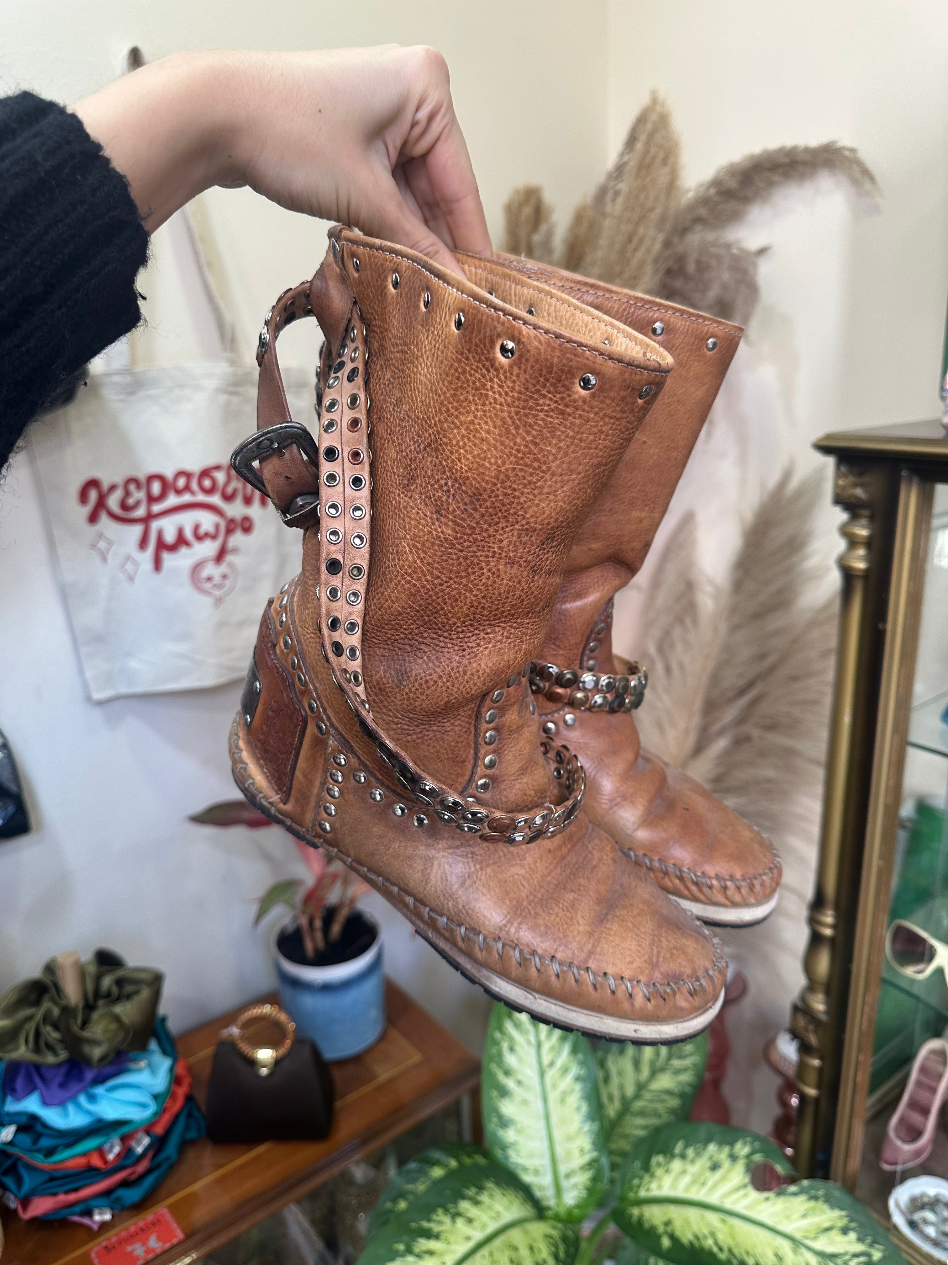 Tan Studded Leather Mid-Calf Boots with Buckle Detail (Made in Italy) (38)
