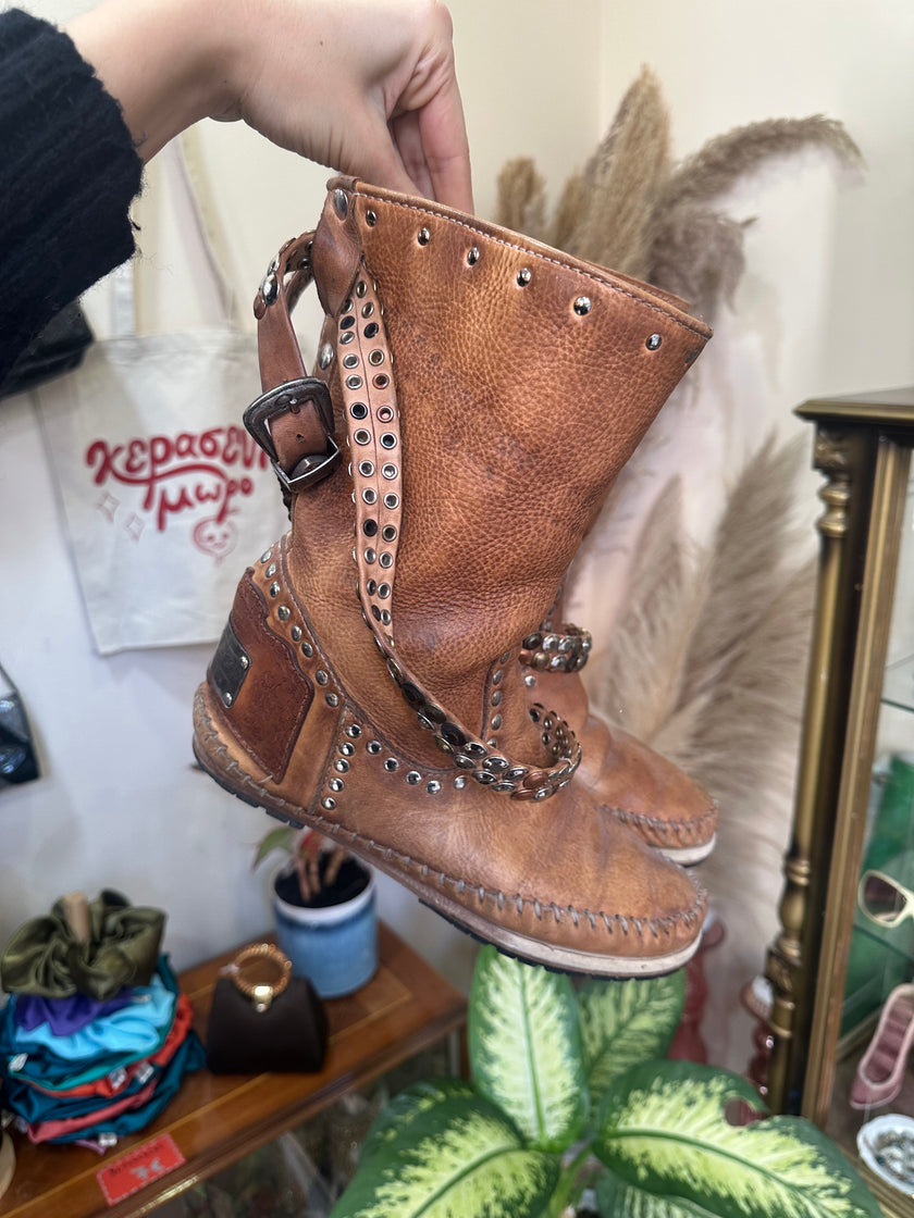 Tan Studded Leather Mid-Calf Boots with Buckle Detail (Made in Italy) (38)