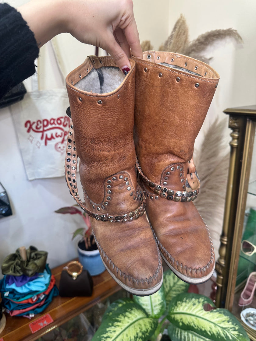 Tan Studded Leather Mid-Calf Boots with Buckle Detail (Made in Italy) (38)