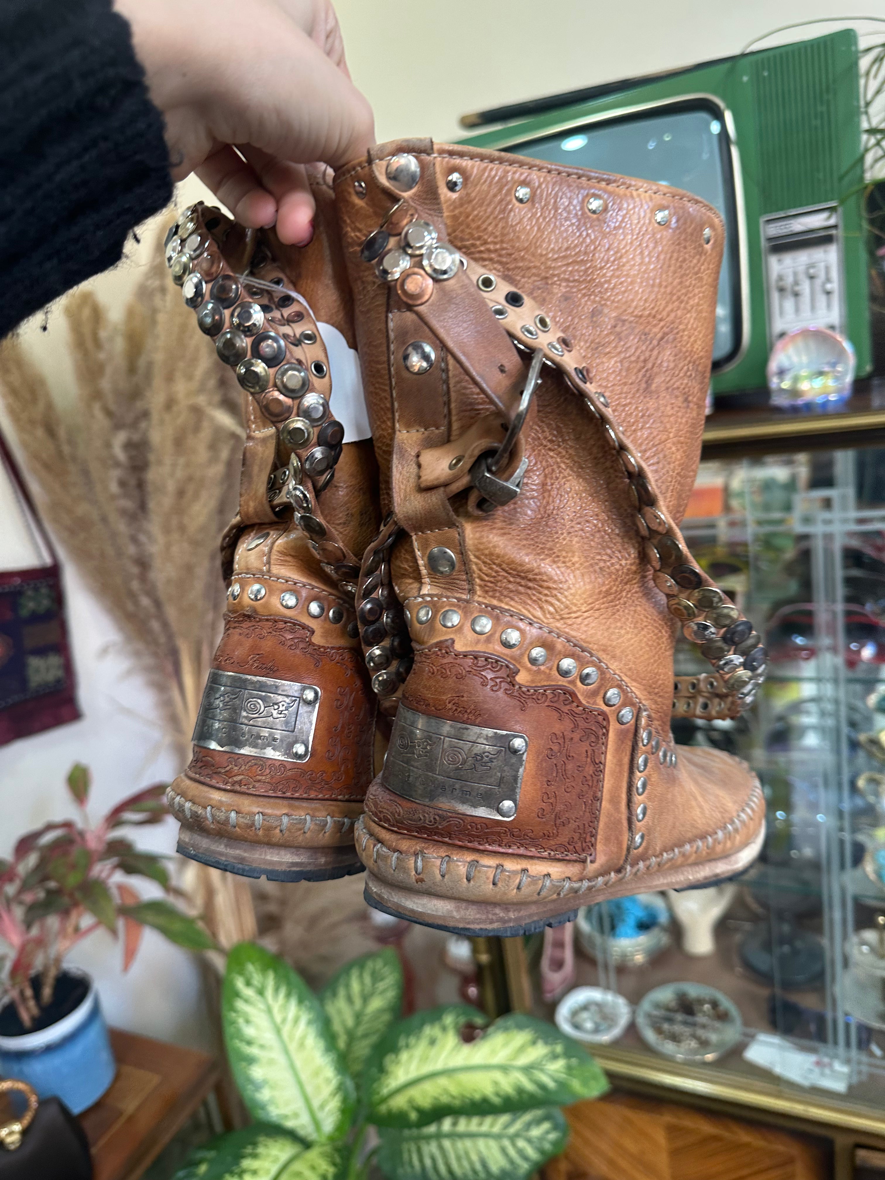 Tan Studded Leather Mid-Calf Boots with Buckle Detail (Made in Italy) (38)