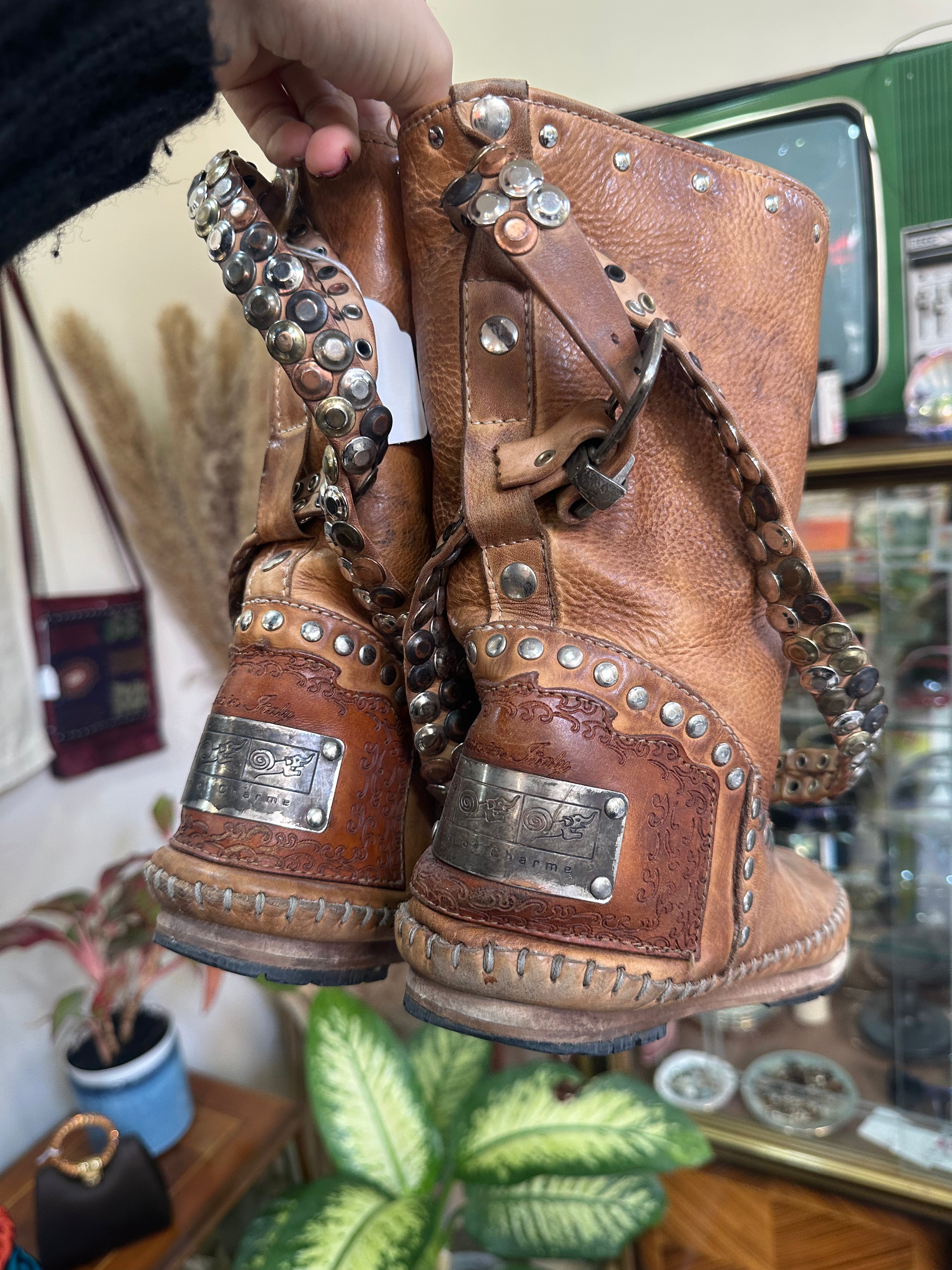 Tan Studded Leather Mid-Calf Boots with Buckle Detail (Made in Italy) (38)