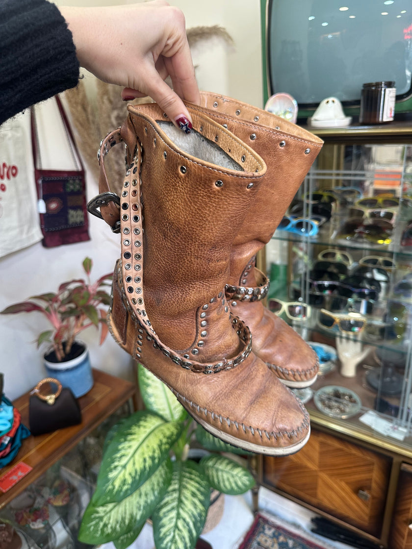 Tan Studded Leather Mid-Calf Boots with Buckle Detail (Made in Italy) (38)