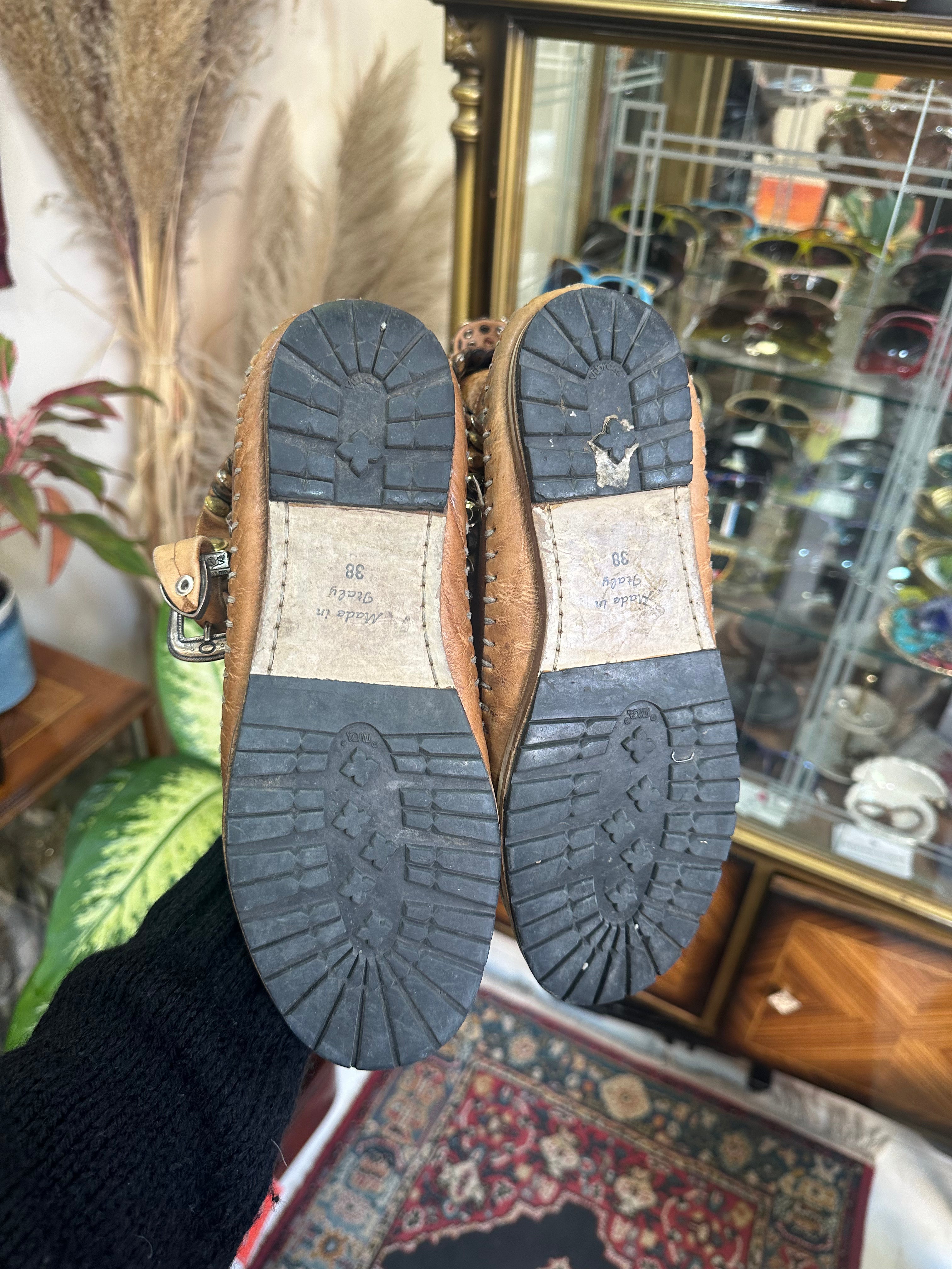 Tan Studded Leather Mid-Calf Boots with Buckle Detail (Made in Italy) (38)