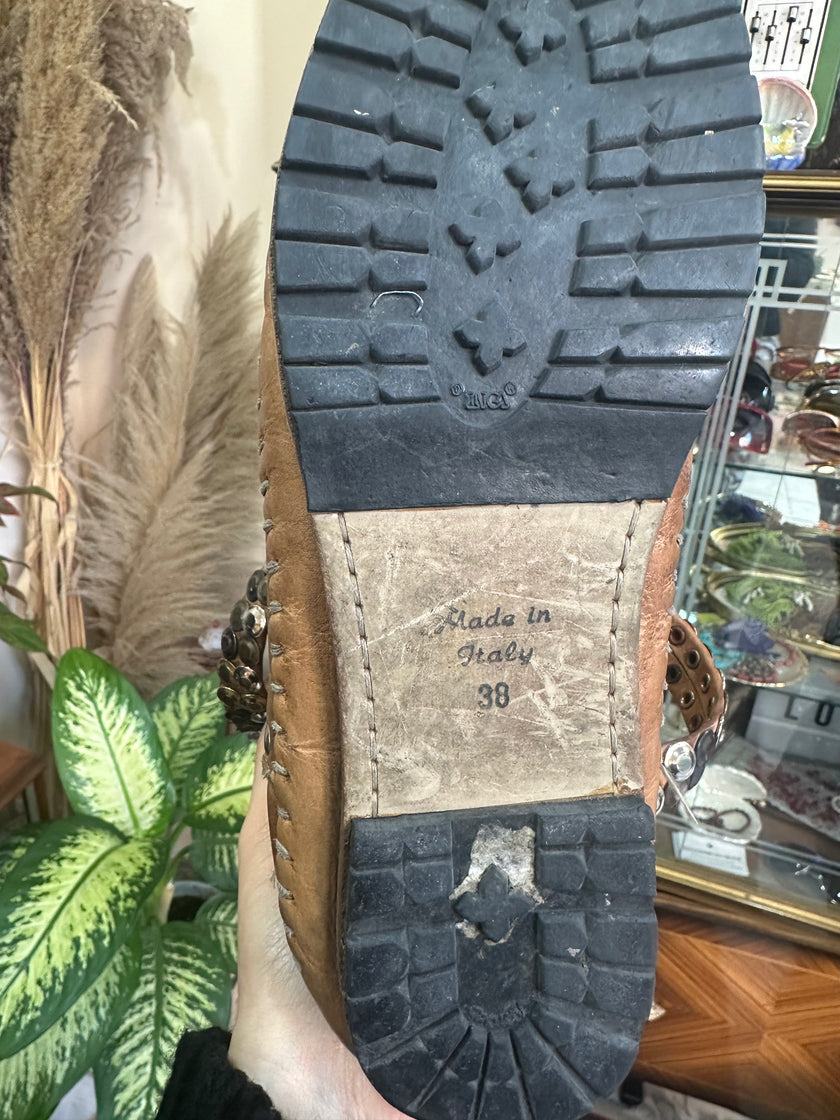 Tan Studded Leather Mid-Calf Boots with Buckle Detail (Made in Italy) (38)