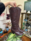 Brown Leather Embroidered Knee-High Boots with Block Heel (36)