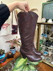 Brown Leather Embroidered Knee-High Boots with Block Heel (36)