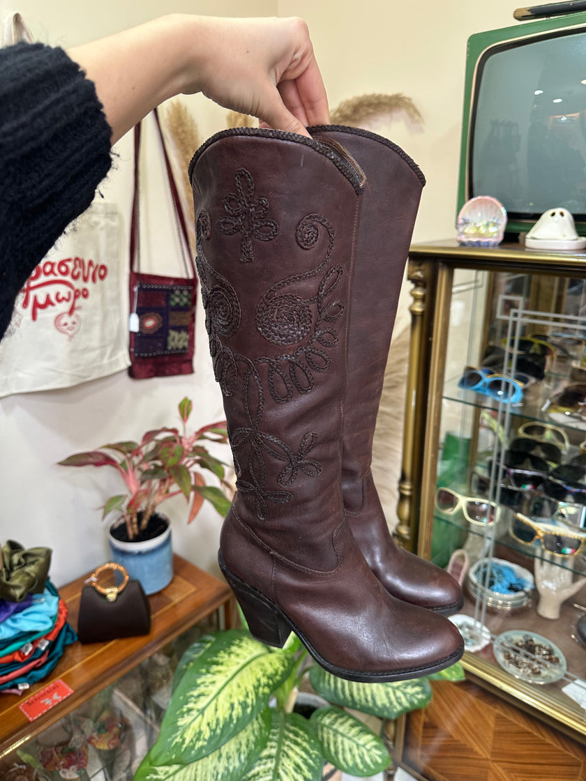 Brown Leather Embroidered Knee-High Boots with Block Heel (36)