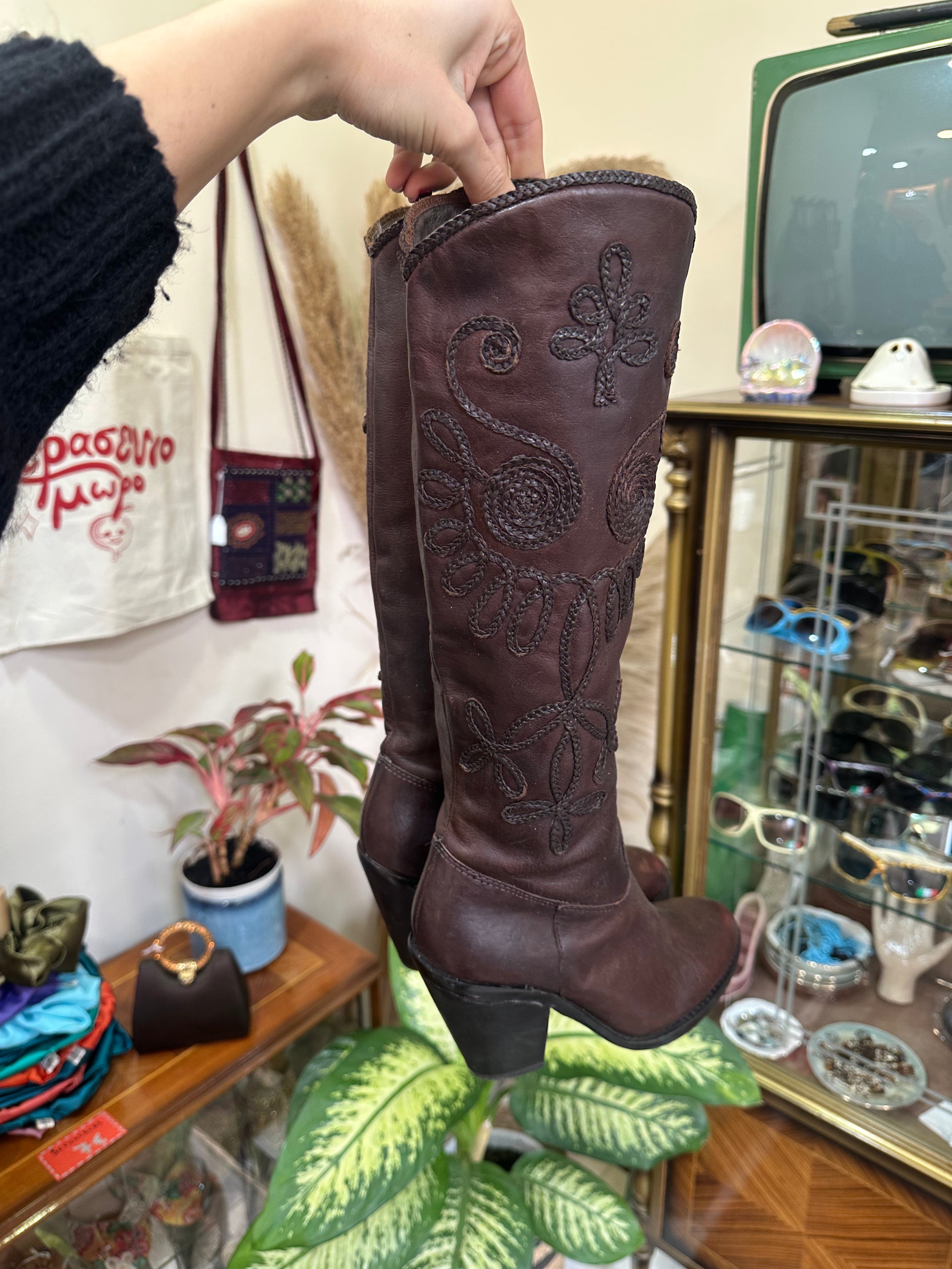 Brown Leather Embroidered Knee-High Boots with Block Heel (36)