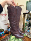Brown Leather Embroidered Knee-High Boots with Block Heel (36)
