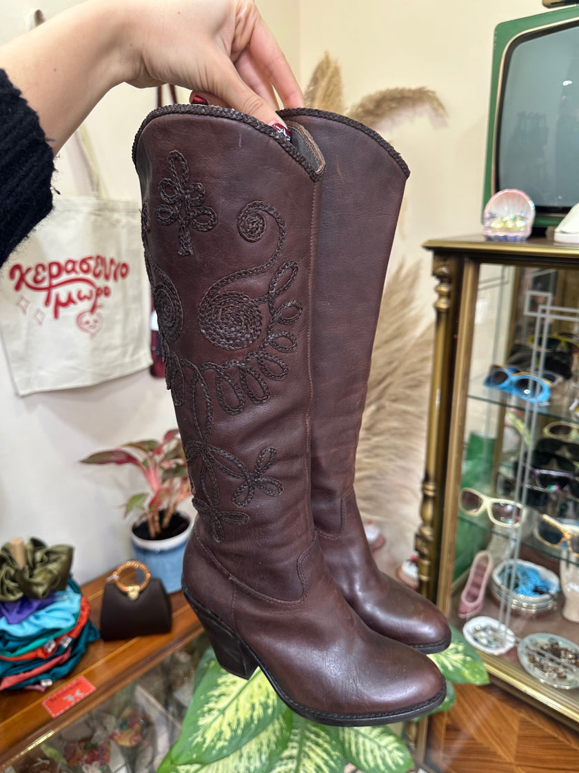 Brown Leather Embroidered Knee-High Boots with Block Heel (36)