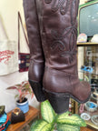Brown Leather Embroidered Knee-High Boots with Block Heel (36)