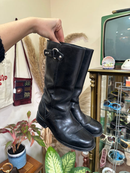 Max Mara Black Leather Mid-Calf Boots with Silver Buckle Detail (37)