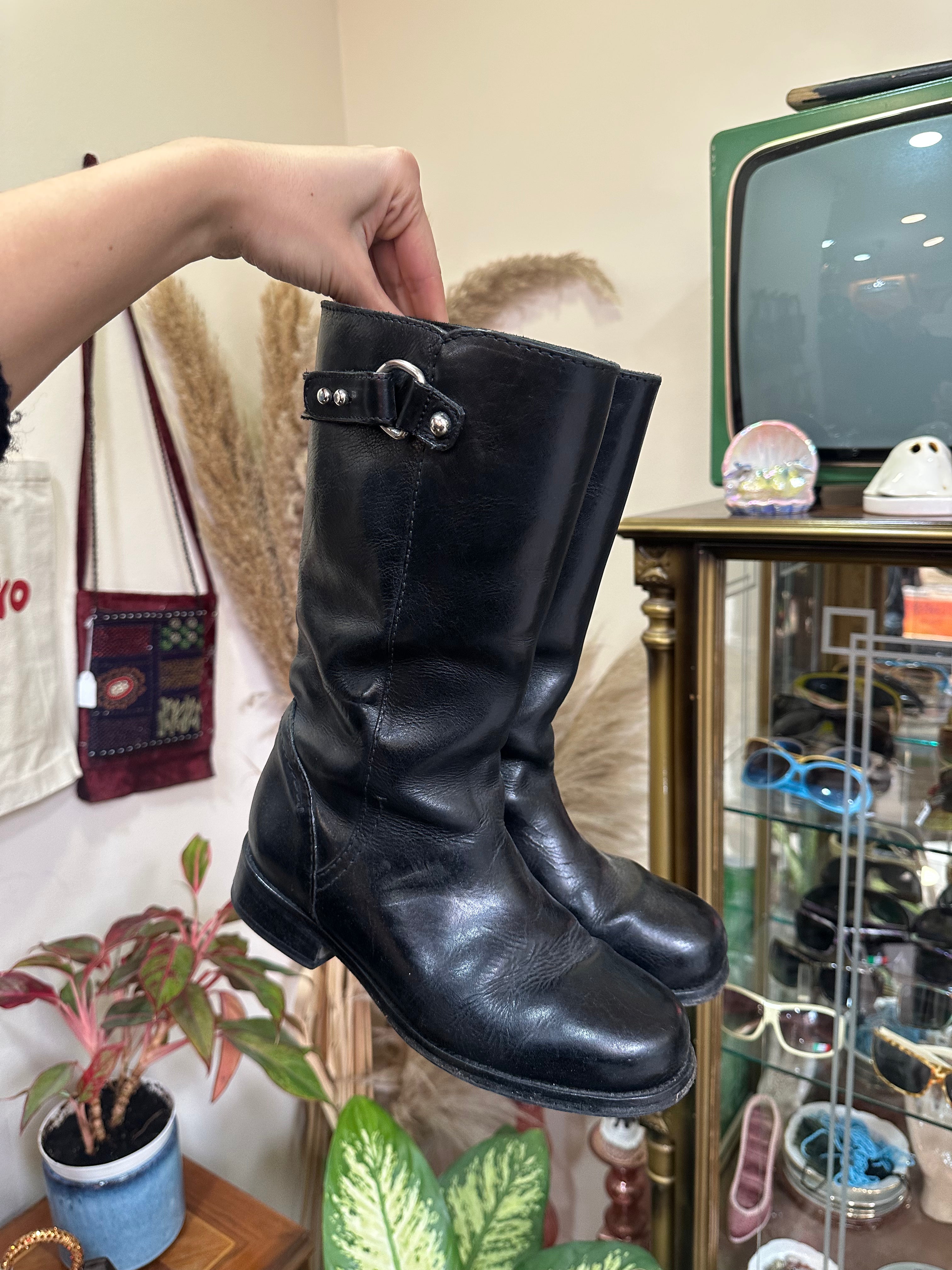 Max Mara Black Leather Mid-Calf Boots with Silver Buckle Detail (37)