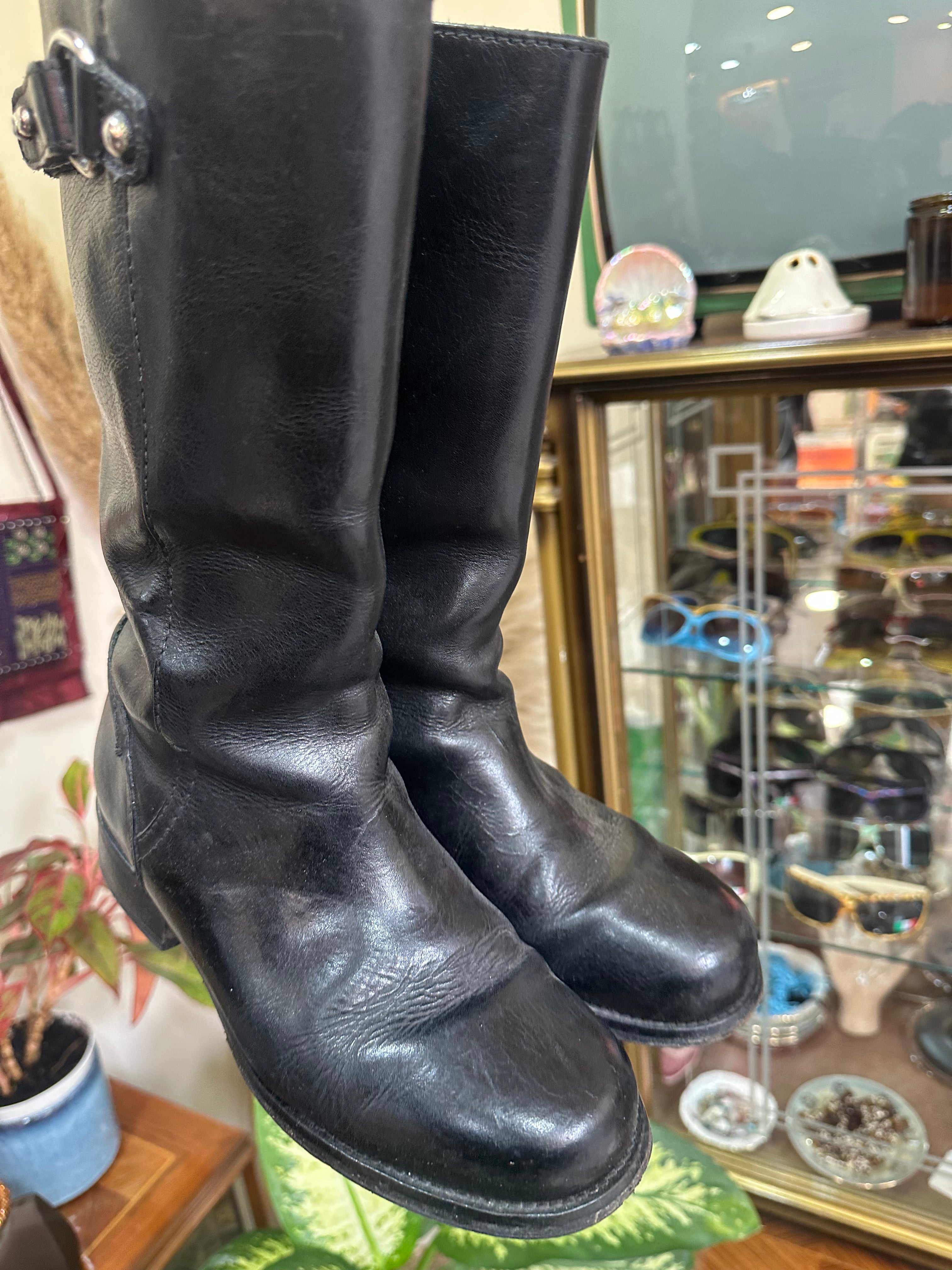 Max Mara Black Leather Mid-Calf Boots with Silver Buckle Detail (37)