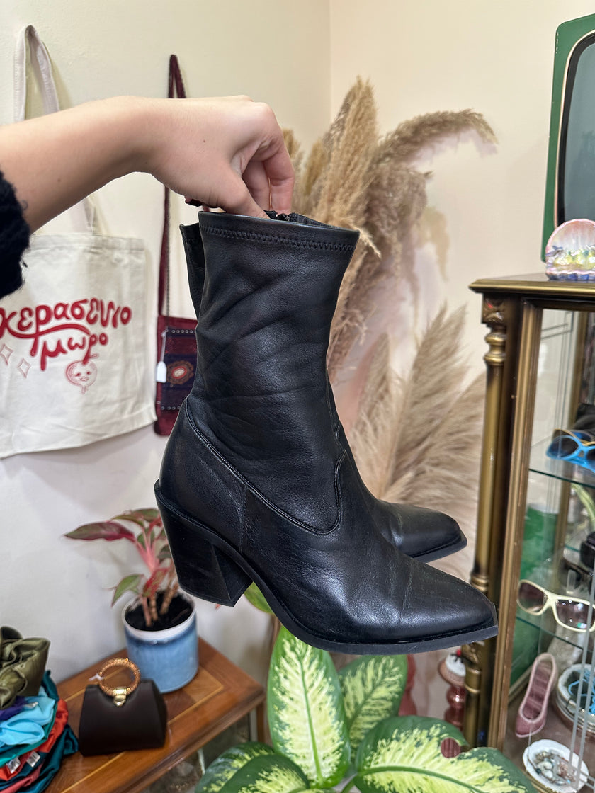 Rage Age Black Leather Mid-Calf Boots with Block Heel (41)