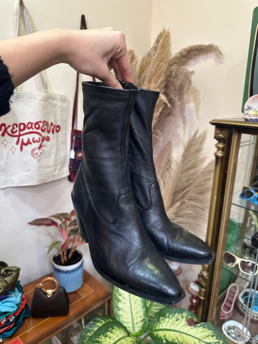 Rage Age Black Leather Mid-Calf Boots with Block Heel (41)