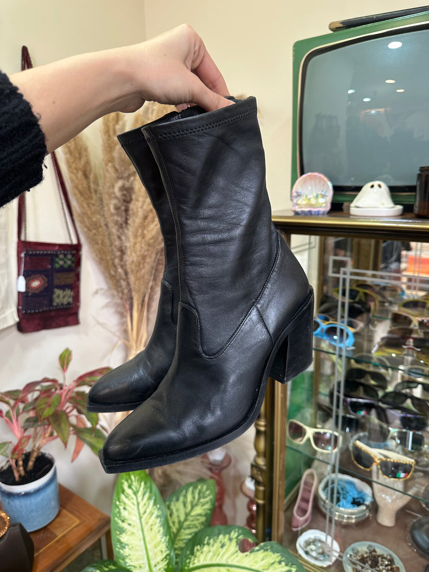 Rage Age Black Leather Mid-Calf Boots with Block Heel (41)