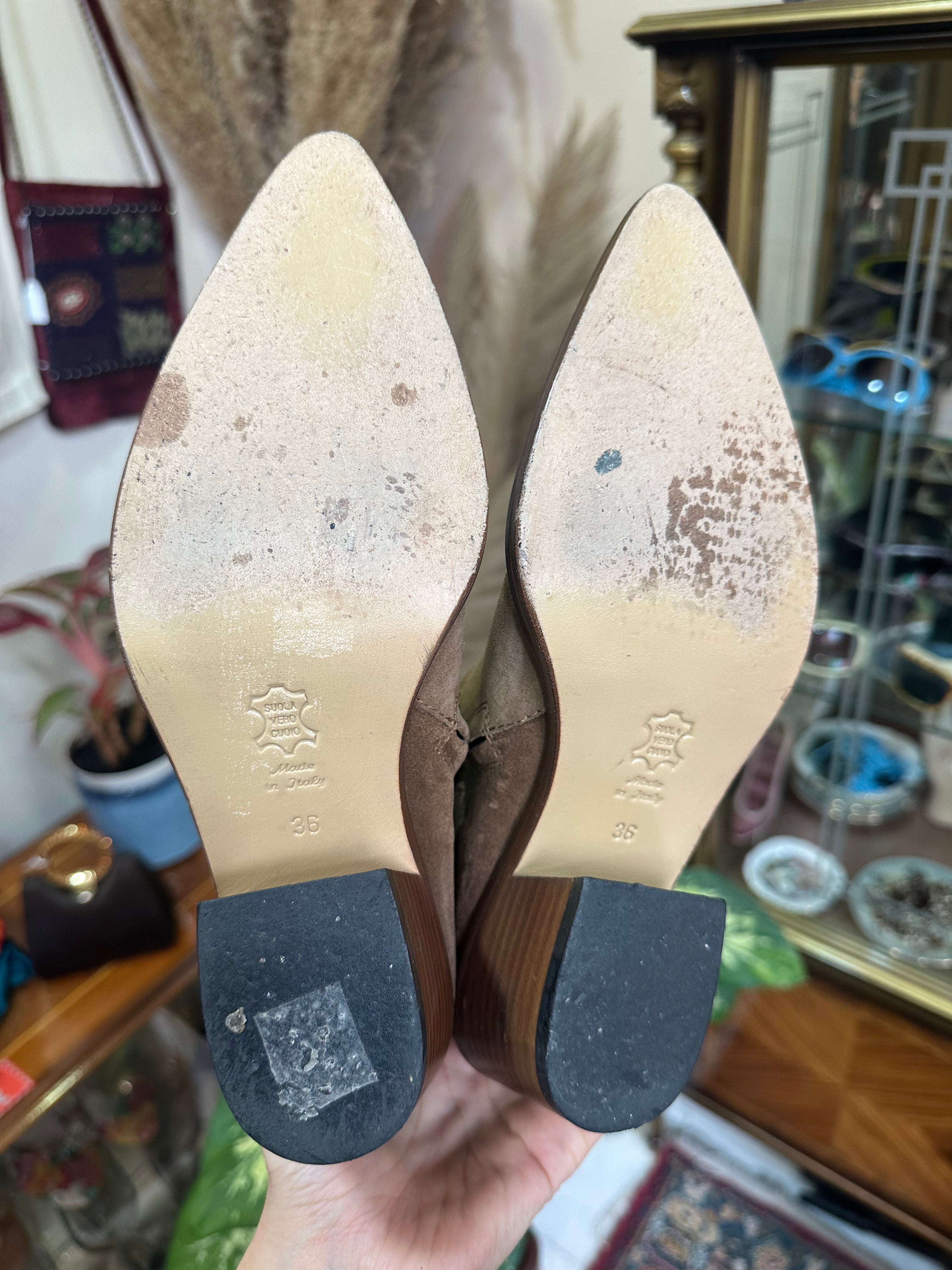 Taupe Suede Ankle Boots with Block Heel and Ring Detail (Made in Italy) (36)