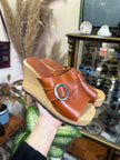S&D Collection Brown Leather Clog Sandals with Wooden Wedge Heel & Buckle Detail (37)