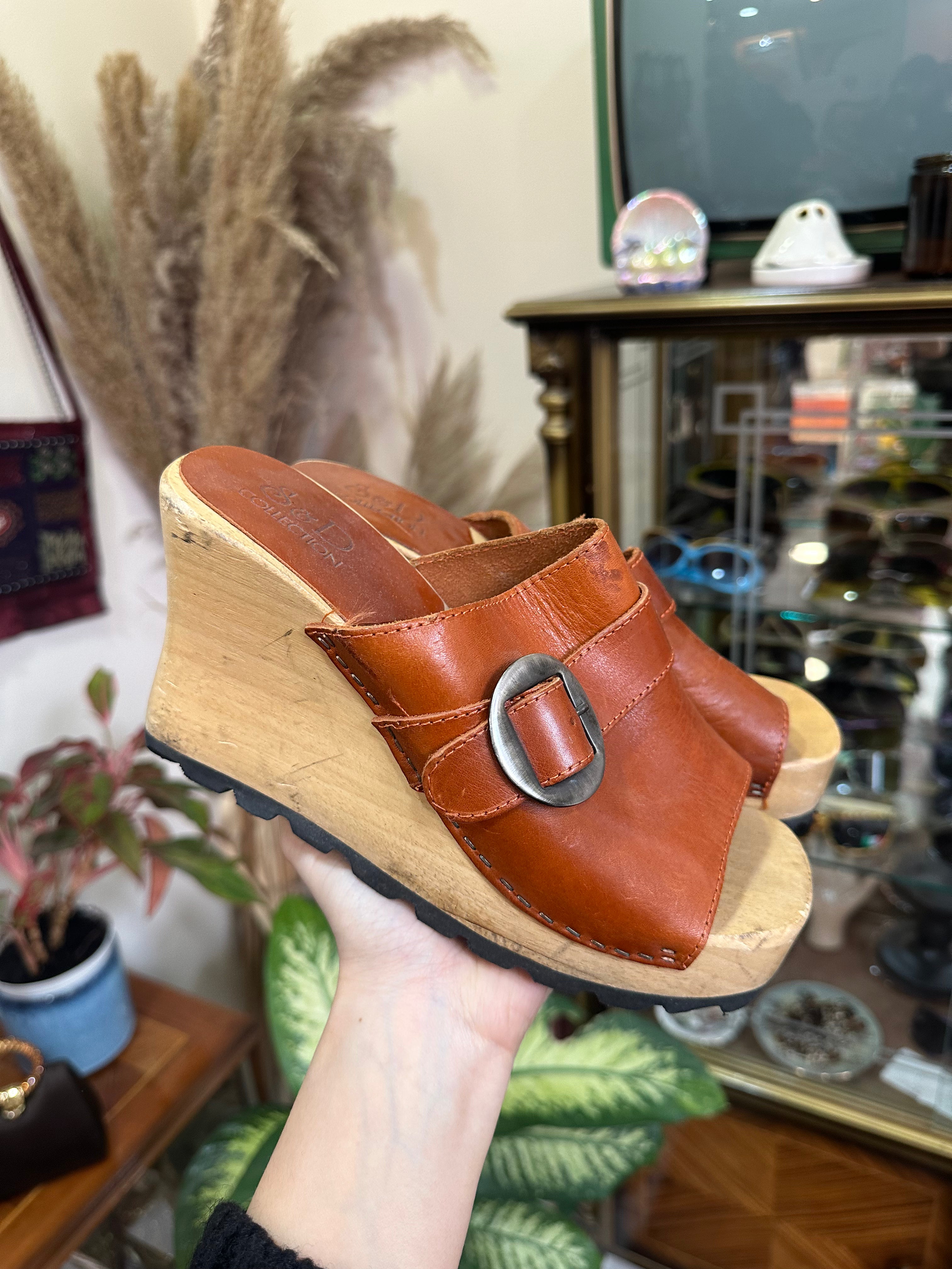 S&D Collection Brown Leather Clog Sandals with Wooden Wedge Heel & Buckle Detail (37)