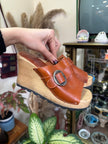 S&D Collection Brown Leather Clog Sandals with Wooden Wedge Heel & Buckle Detail (37)