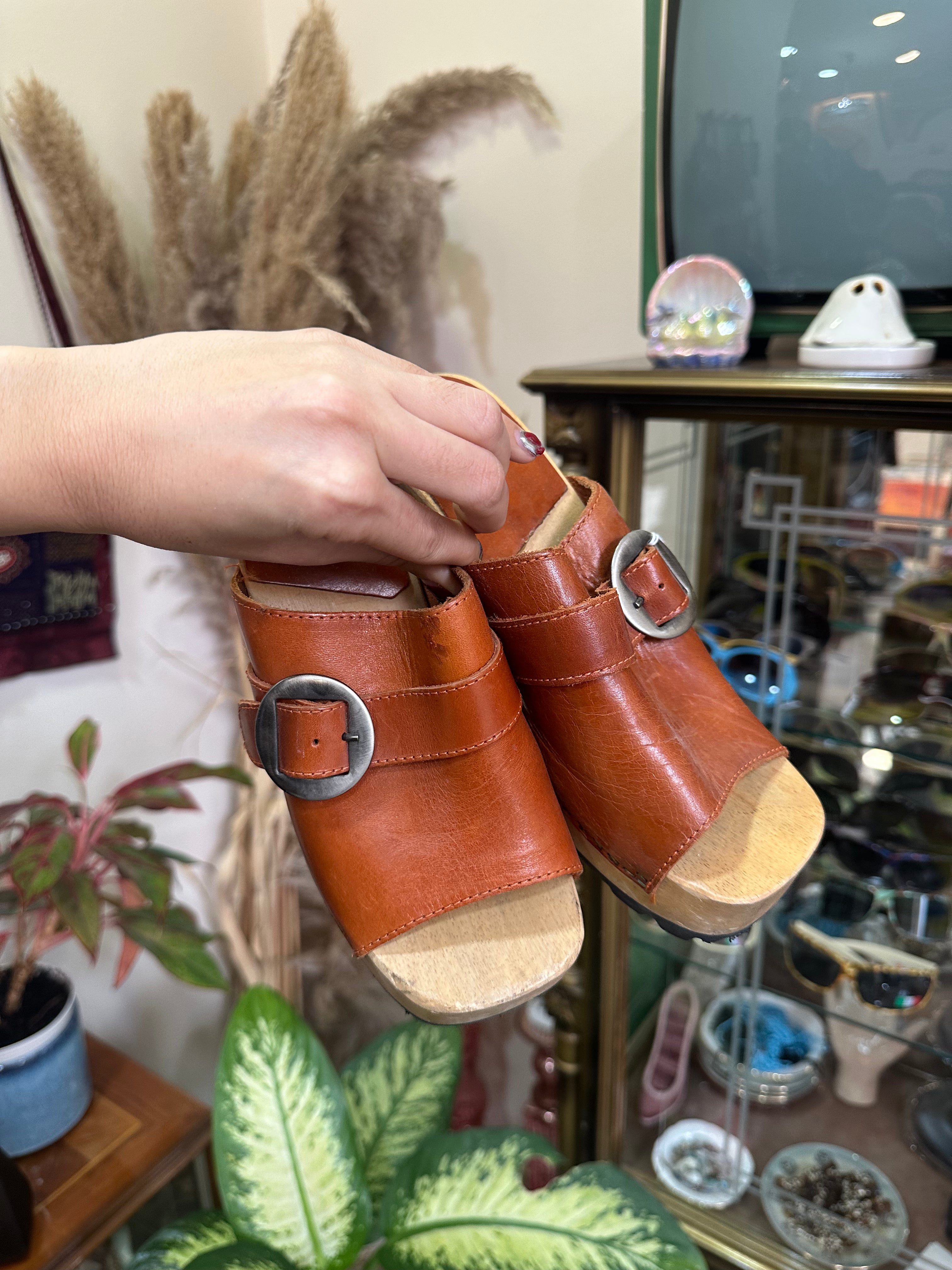 S&D Collection Brown Leather Clog Sandals with Wooden Wedge Heel & Buckle Detail (37)