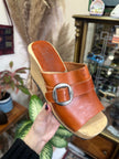 S&D Collection Brown Leather Clog Sandals with Wooden Wedge Heel & Buckle Detail (37)