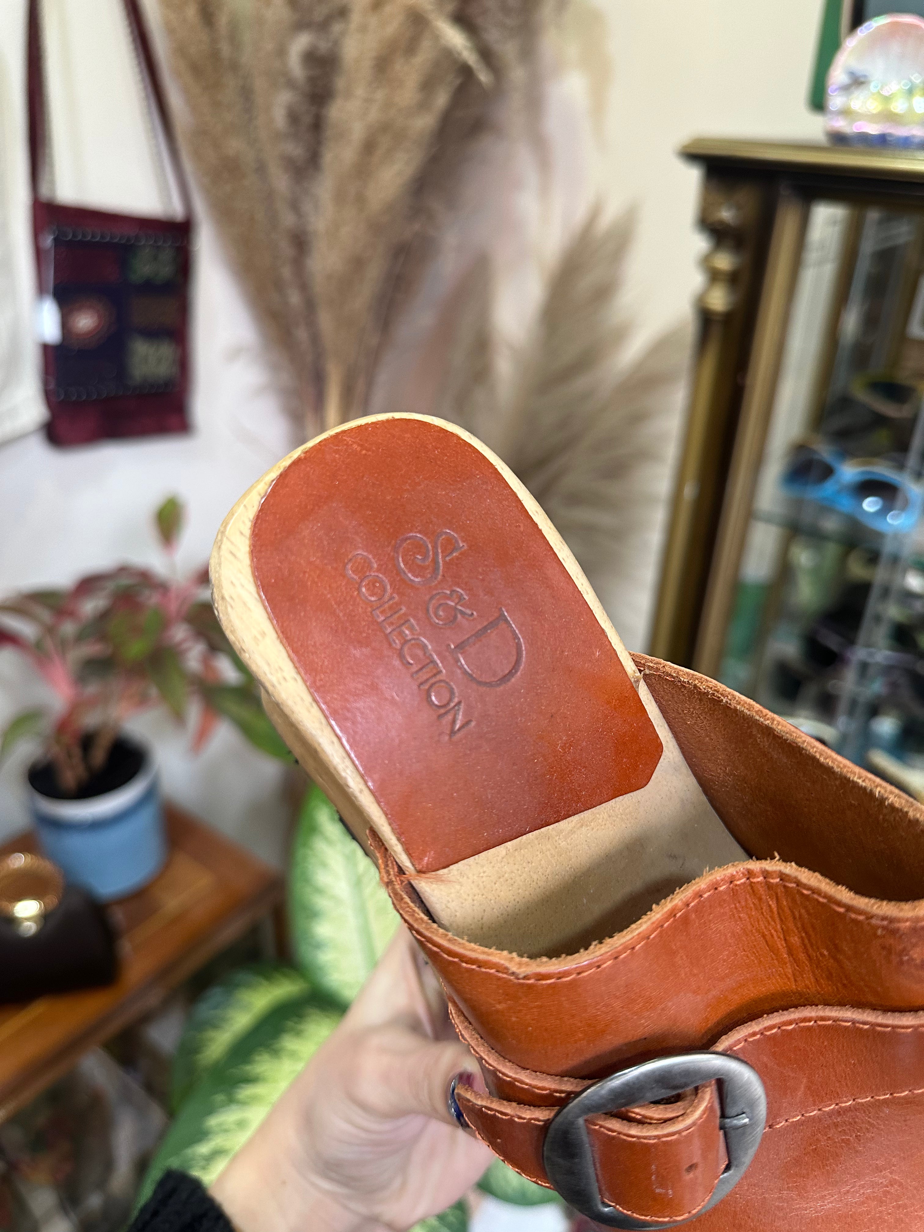 S&D Collection Brown Leather Clog Sandals with Wooden Wedge Heel & Buckle Detail (37)