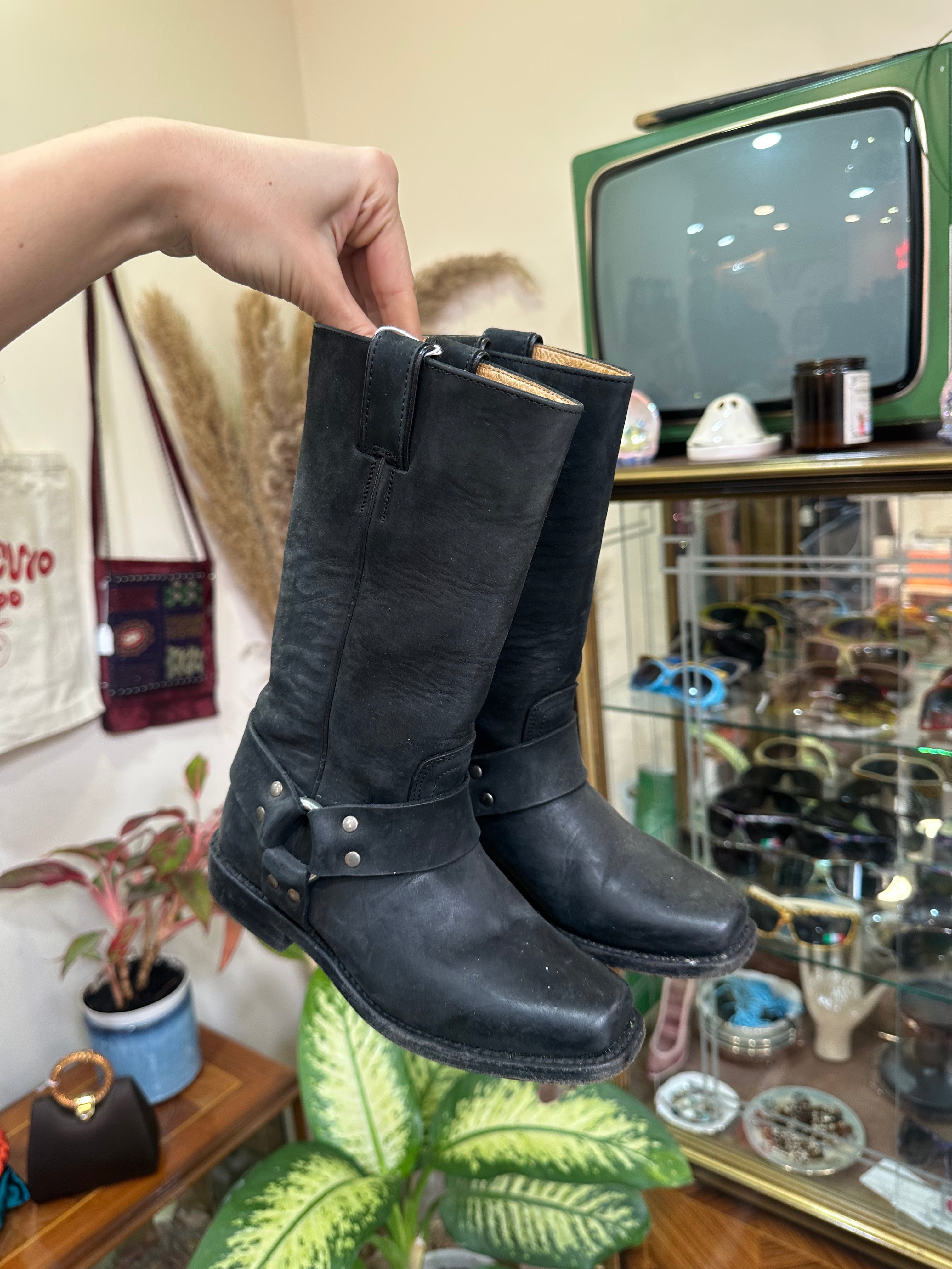 Sancho Black Leather Mid-Calf Engineer Boots with Harness Strap (32)