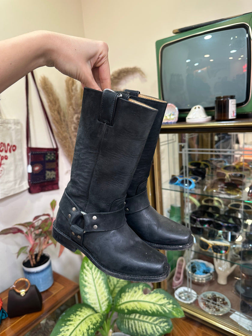 Sancho Black Leather Mid-Calf Engineer Boots with Harness Strap (32)