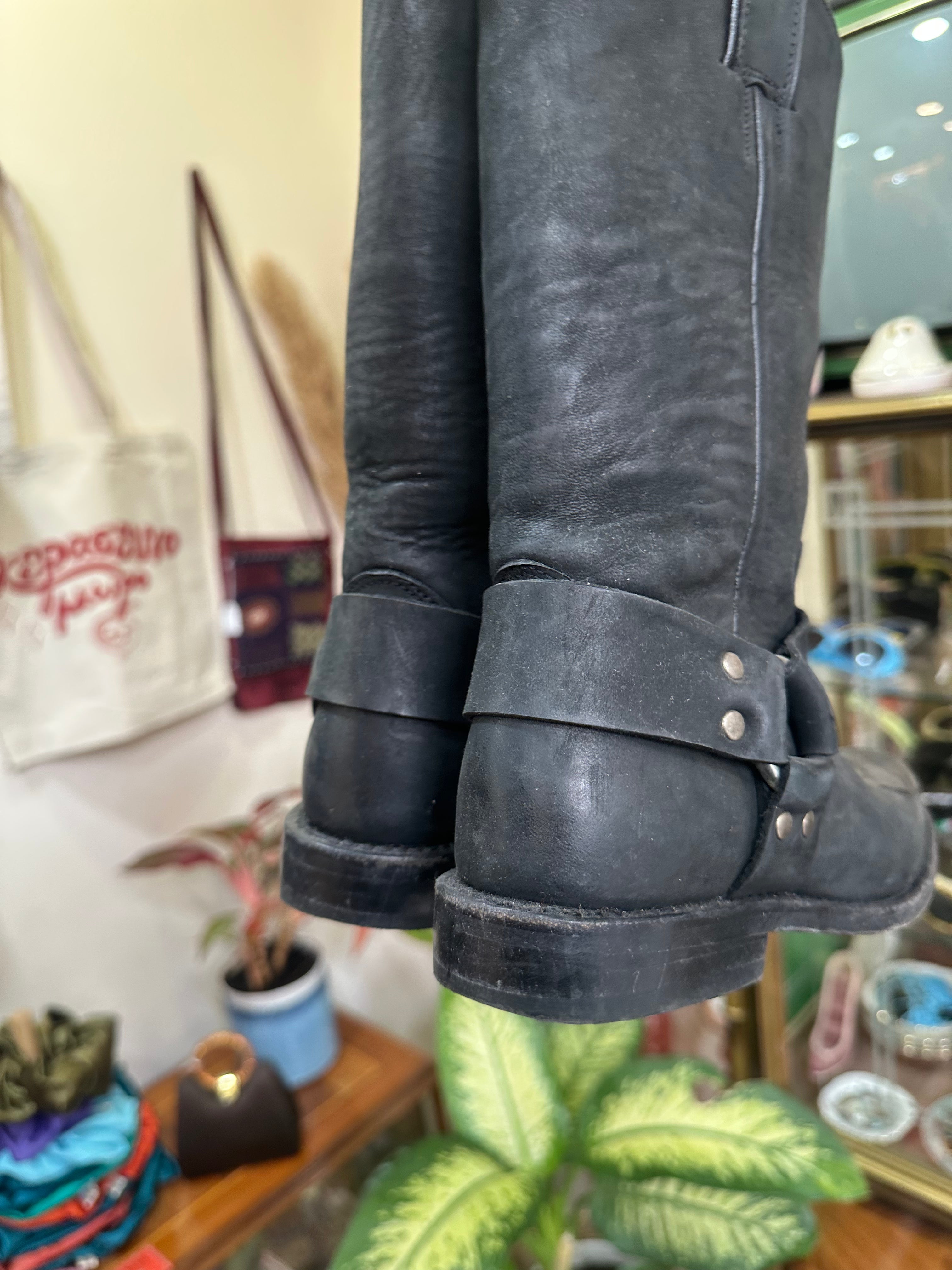 Sancho Black Leather Mid-Calf Engineer Boots with Harness Strap (32)