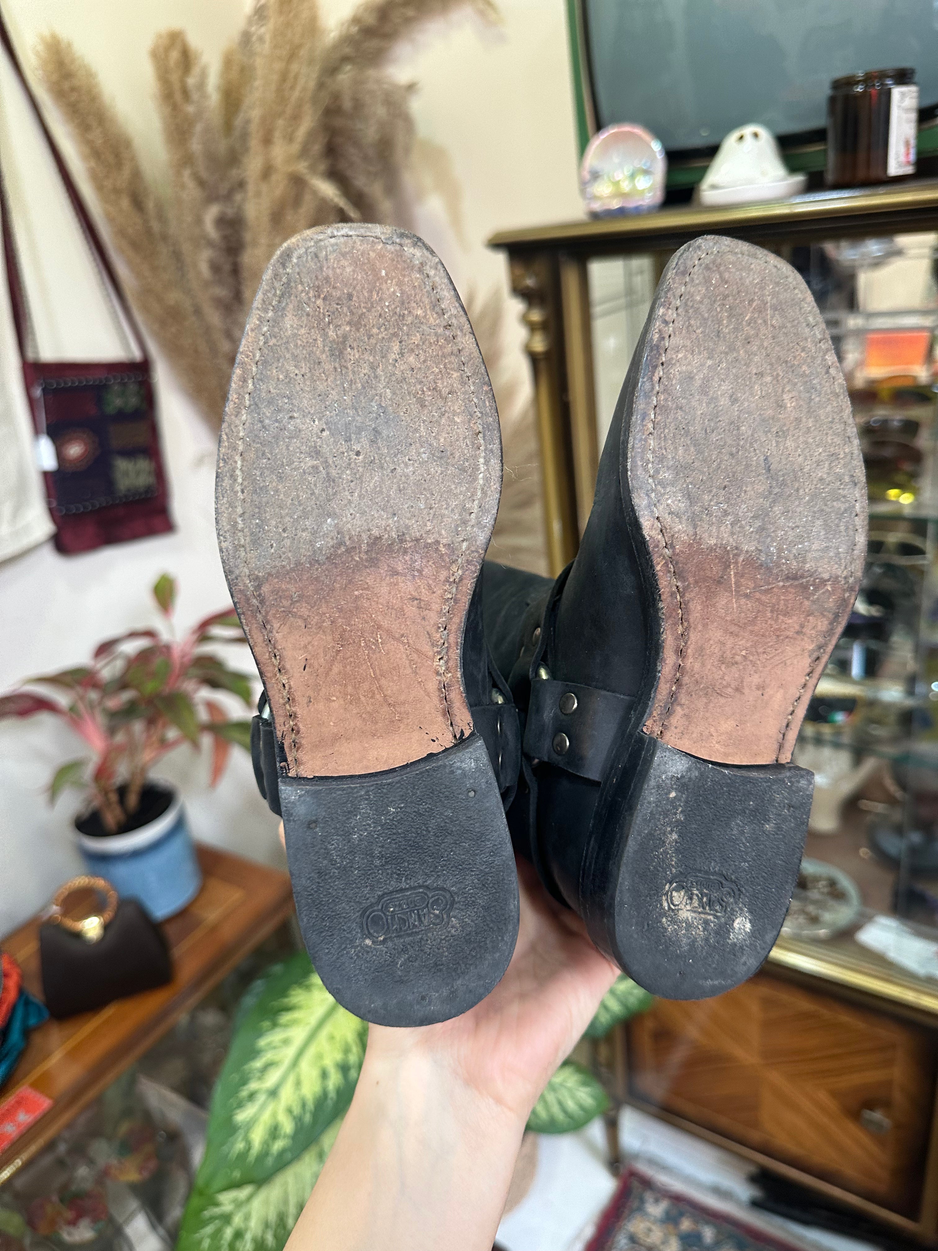 Sancho Black Leather Mid-Calf Engineer Boots with Harness Strap (32)