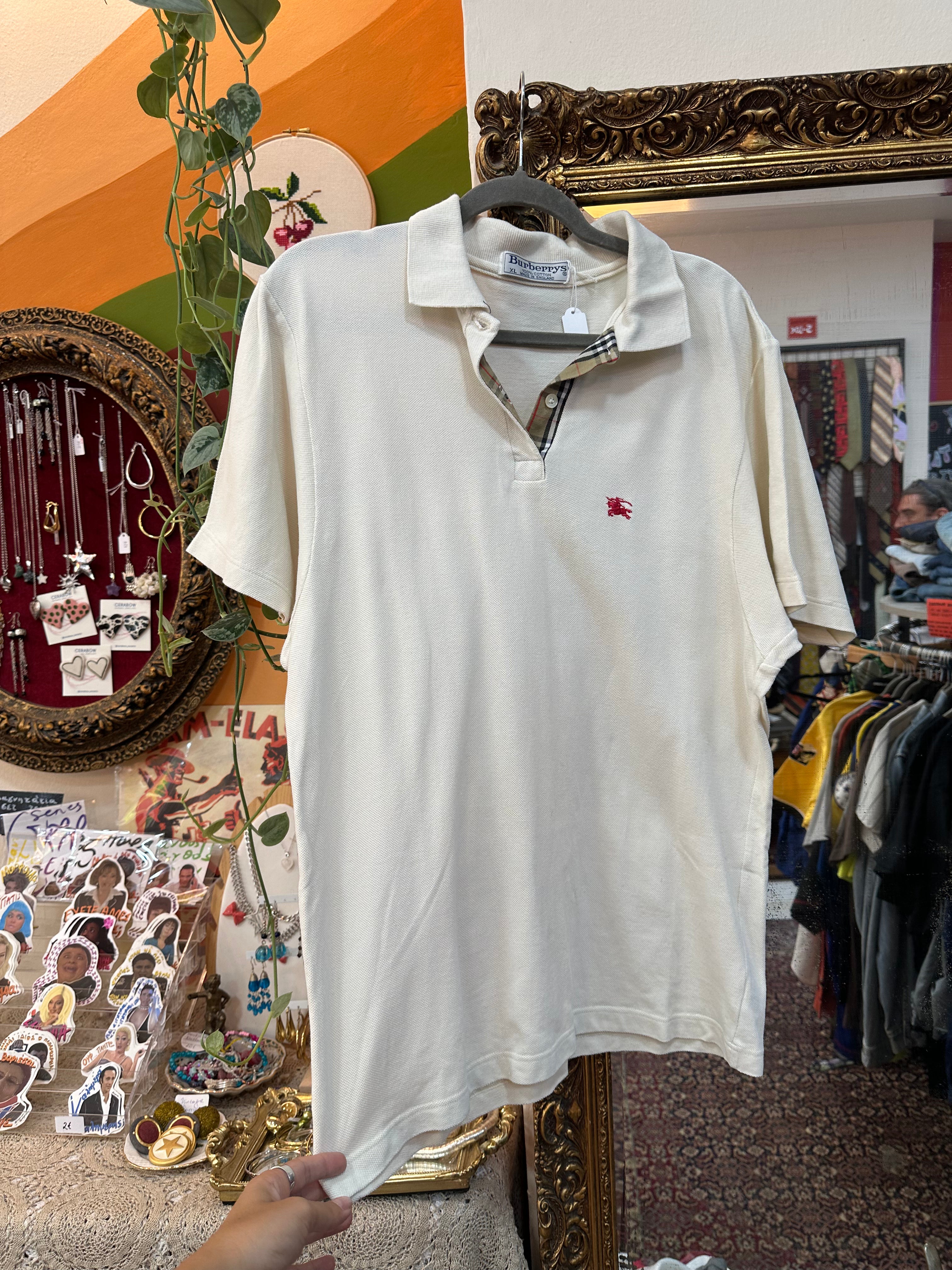 Burberry's woman's beige pique cotton embossed logo polo shirt (XL)